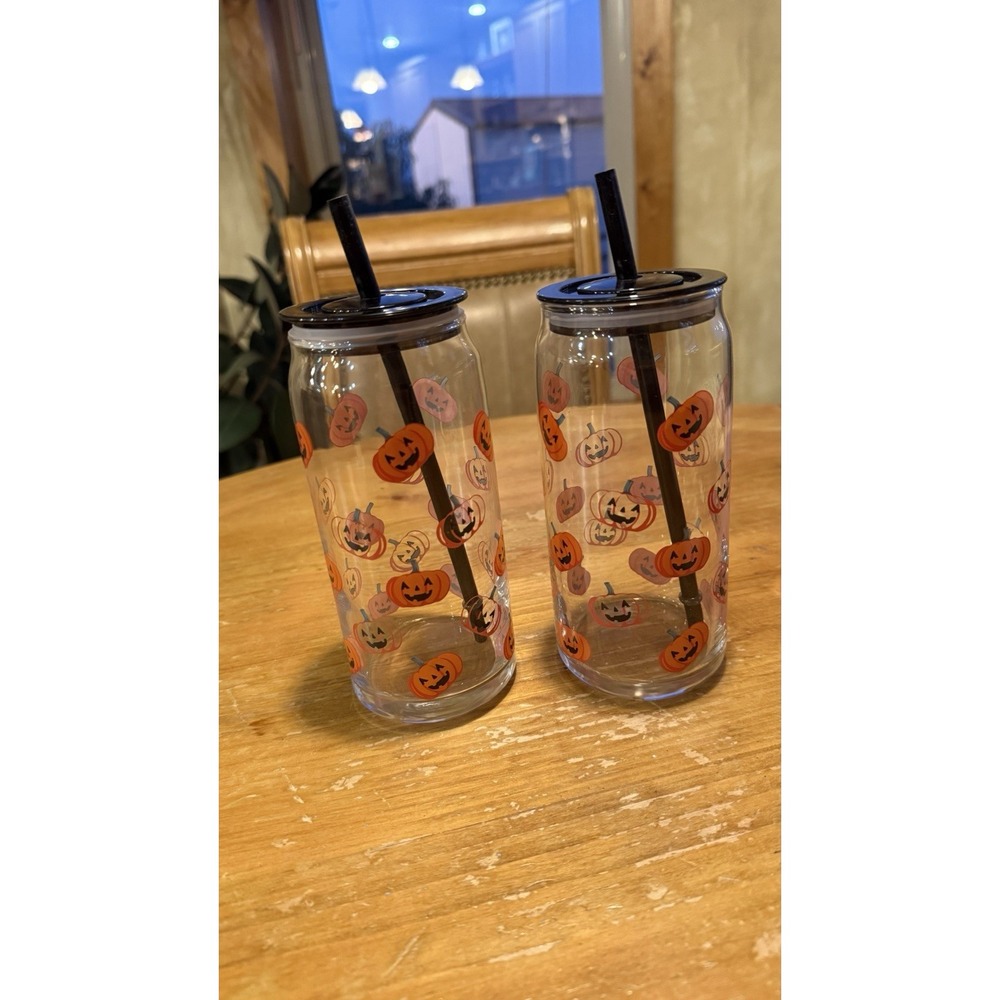 Way to Celebrate Glass 20oz Glass Can Sipper Halloween Pumpkins Set Of 2 New